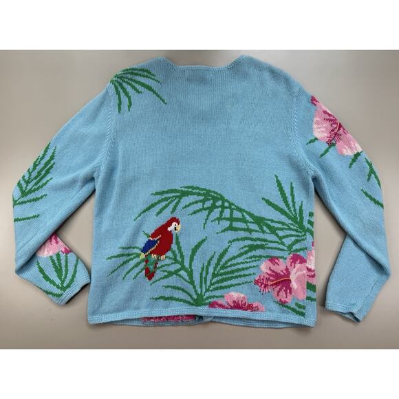 Vintage Tropical Toucan Sweater Womens L Blue Button Up Resort Florida Vacation - Picture 13 of 16